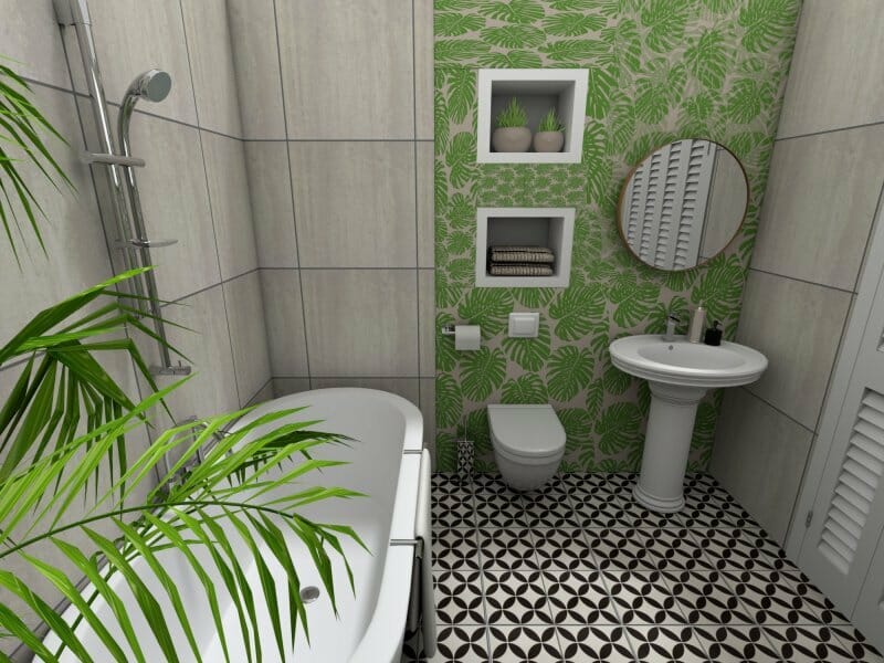 Tropical bathroom with green wallpaper and white accents