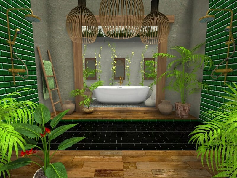 Tropical bathroom style with green tiles and plants