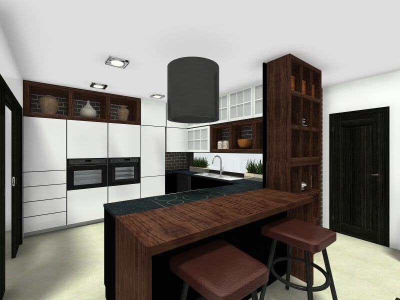 u-shaped kitchen with peninsula and open shelves