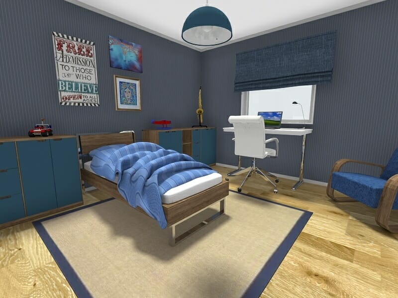Blue Bedroom Single Bed 3D Photo