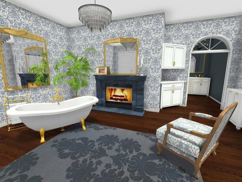 Victorian bathroom style design with blue wallpaper
