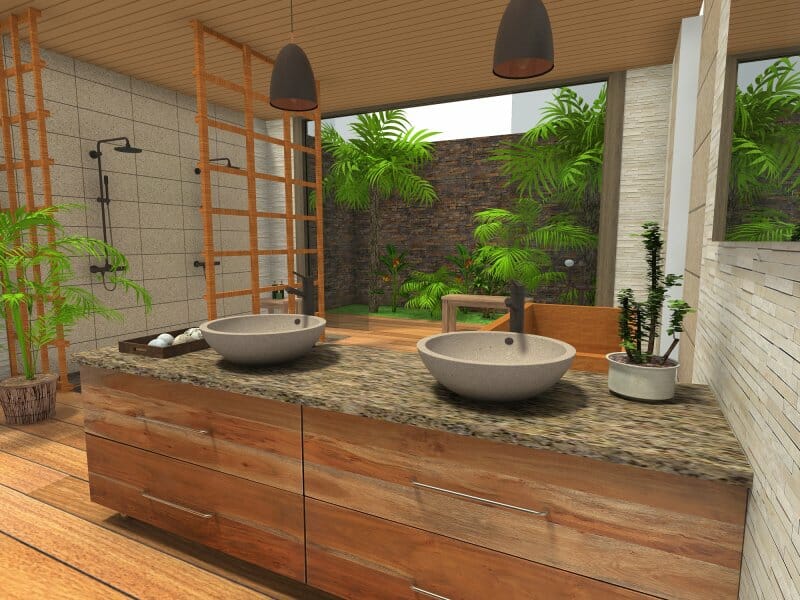 Zen bathroom with double sinks and wooden details
