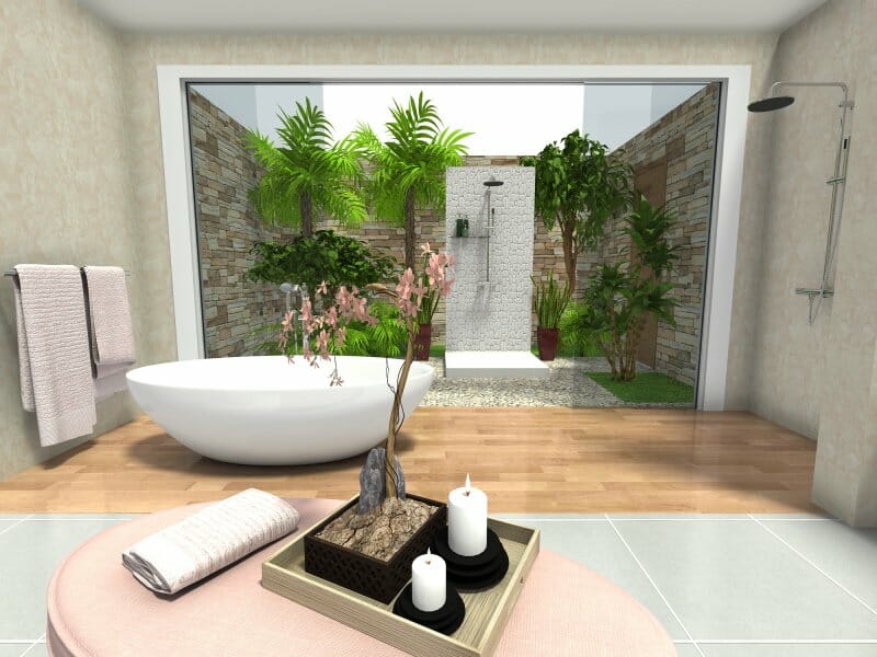 Zen bathroom design with outdoor shower