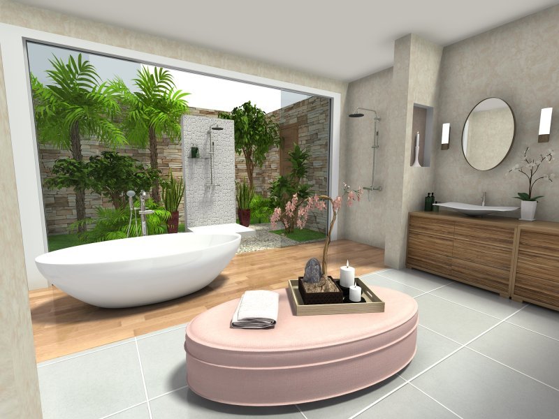 Zen bathroom design with outdoor shower