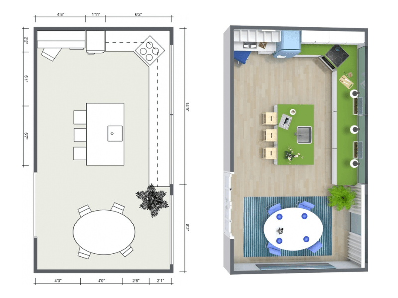 kitchen 2D floor plan and 3D floor plan 