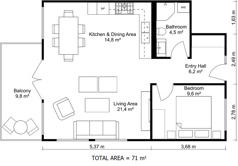 2D floor plan black and white with measurements