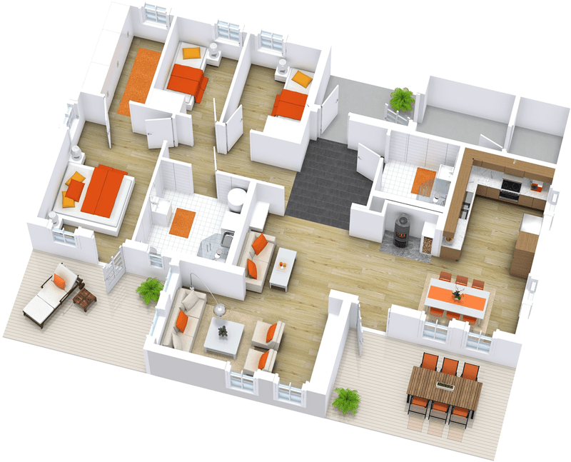 3D Floor Plan with orange color scheme
