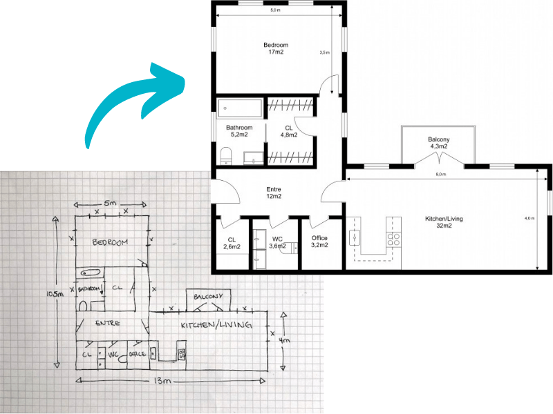 Blueprint and 2d floor plan
