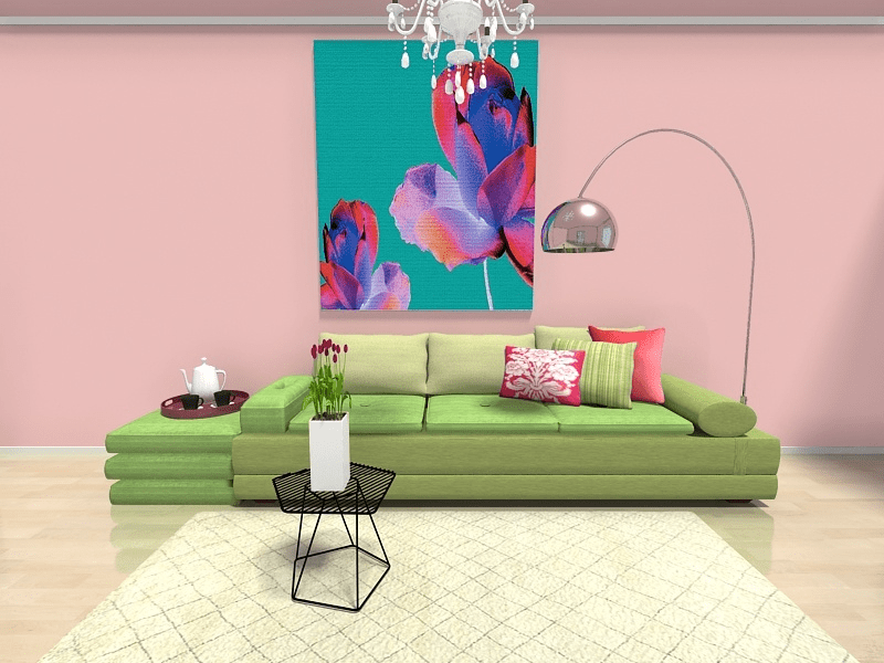 RoomSketcher Spring Decorating Ideas Modern Living Room Chartreuse Green Sofa Pink Walls