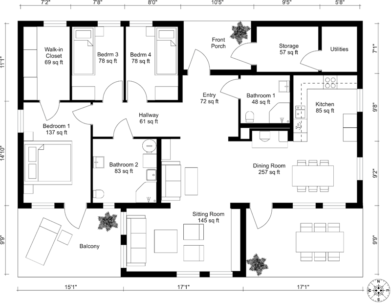 black and white 2d floor plan with dimensions